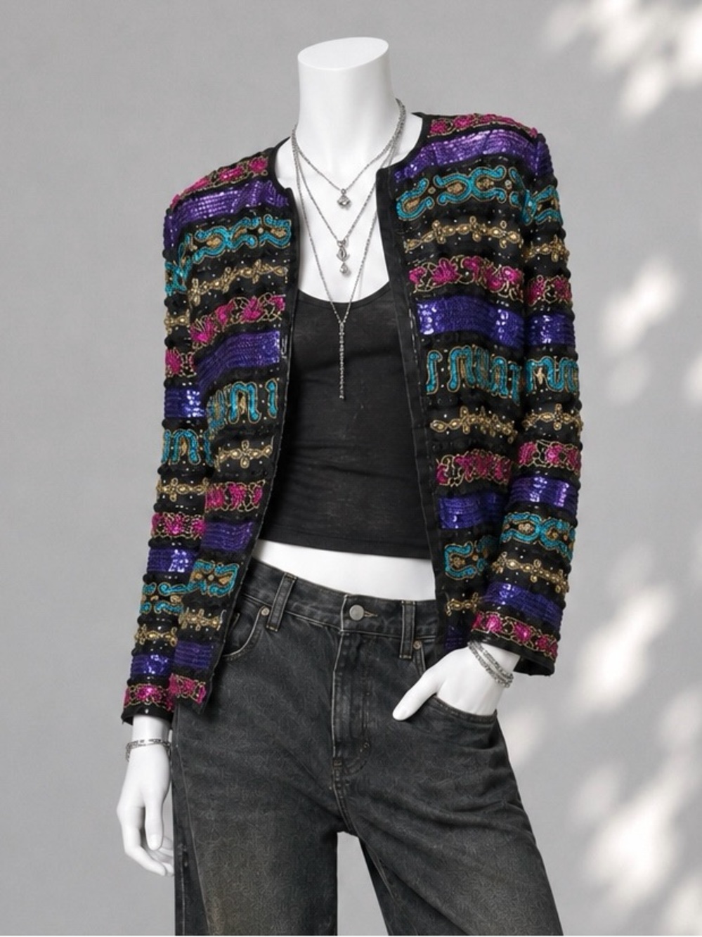 Vintage Whimsigoth Silk Beaded Sequin Jacket Petite 10 Indie Sleaze Piccalino